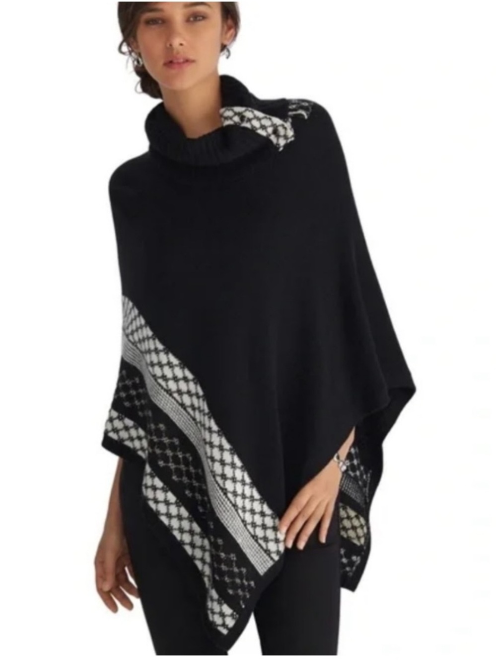 White House Black Market Black and White Turtleneck Poncho with Patterned Hem